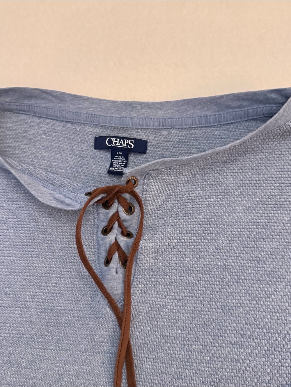 Chaps women Light Blue Knit Pullover with Brown Lace-Up - Picture 3 of 6
